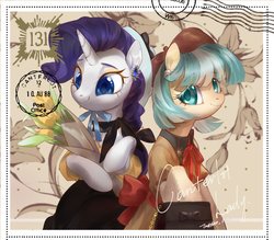 Size: 1904x1670 | Tagged: safe, artist:tingsan, coco pommel, rarity, earth pony, pony, unicorn, bouquet, bow, canterlot lady, clothes, colored pupils, cute, dress, duo, duo female, ear piercing, earring, female, flower, hat, jewelry, looking at you, mare, piercing, postcard, purse