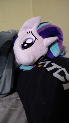Size: 2304x4096 | Tagged: safe, artist:lilmoon, starlight glimmer, pony, unicorn, g4, blanket, cute, female, glimmerbetes, irl, mare, photo, pillow, plushie, smiling