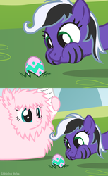 Size: 816x1330 | Tagged: safe, artist:lightning stripe, derpibooru exclusive, oc, oc:fluffle puff, oc:lightning stripe, earth pony, pony, g4, black and white mane, comic, easter, easter egg, egg, eyelashes, grass, grass field, green eyes, holiday, makeup, newspaper, pink coat, puffy cheeks, scrunchy face, show accurate, solo, stripes, teal eyes, that escalated quickly, this will end in pain, two toned mane