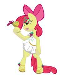 Size: 1627x2000 | Tagged: source needed, safe, artist:bamboodog, edit, apple bloom, earth pony, pony, g4, alcohol, bacchus, bipedal, bow, clothes, drunk, female, food, grapes, greek, greek clothes, greek mythology, hair bow, hoof hold, laurel wreath, mare, older, older apple bloom, roman, sandals, shoes, simple background, solo, toga, tunic, vine, wine