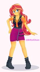 Size: 2200x4000 | Tagged: safe, artist:katakiuchi4u, sunset shimmer, equestria girls, g4, clothes, cute, female, freckles, legs, peppered bacon, smiling, solo