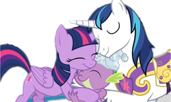 Size: 848x504 | Tagged: safe, edit, edited screencap, screencap, shining armor, spike, twilight sparkle, alicorn, dragon, pony, unicorn, g4, sparkle's seven, background removed, crown, family hug, female, hard-won helm of the sibling supreme, hug, male, mare, siblings, simple background, sparkle family, sparkle siblings, spikelove, stallion, trio, twilight sparkle (alicorn), white background