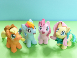 Size: 589x441 | Tagged: safe, artist:ラル, applejack, fluttershy, pinkie pie, rainbow dash, earth pony, pegasus, pony, candy, clothes, cowboy hat, craft, customized toy, cute, dress, female, filly, food, gala dress, happy, hat, irl, japan, looking up, photo, plushie, sculpture, smiling, toy