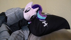 Size: 4096x2304 | Tagged: safe, artist:lilmoon, starlight glimmer, pony, unicorn, g4, blanket, cute, female, glimmerbetes, irl, mare, photo, pillow, plushie, tucking in