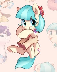 Size: 900x1125 | Tagged: safe, artist:luciferamon, coco pommel, earth pony, human, pony, unicorn, g4, :p, cocobetes, cute, disembodied hand, female, hand, holding a pony, looking at you, mare, silly, smiling, smiling at you, solo focus, three quarter view, tongue out, zoom layer