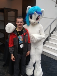 Size: 4160x3120 | Tagged: safe, artist:atalonthedeer, dj pon-3, vinyl scratch, human, g4, babscon, clothes, costume, fursuit, irl, irl human, photo