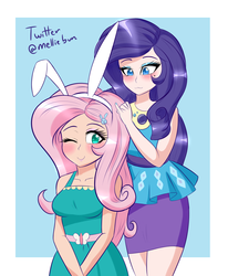 Size: 1650x2000 | Tagged: safe, artist:melliedraws, fluttershy, rarity, human, equestria girls, g4, my little pony equestria girls: better together, blushing, breasts, bunny ears, busty fluttershy, clothes, cute, dress, female, fluttershy boho dress, geode of shielding, human coloration, humanized, lesbian, magical geodes, rarity peplum dress, ship:flarity, shipping, smiling
