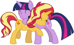 Size: 16302x9965 | Tagged: safe, artist:famousmari5, sunset shimmer, twilight sparkle, alicorn, pony, unicorn, equestria girls, equestria girls specials, g4, my little pony equestria girls: better together, my little pony equestria girls: spring breakdown, absurd resolution, cute, eyes closed, hug, shimmerbetes, simple background, smiling, transparent background, twiabetes, twilight sparkle (alicorn), vector