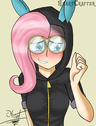 Size: 3508x4589 | Tagged: safe, artist:heart324, fluttershy, human, equestria girls, g4, sparkle's seven, bunny ears, clothes, costume, dangerous mission outfit, female, goggles, hoodie, humanized, signature, simple background, smiling, solo