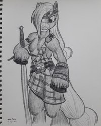 Size: 2448x3060 | Tagged: safe, artist:rockhoppr3, applejack, earth pony, semi-anthro, g4, applejack (g5 concept leak), applejacked, arm hooves, female, g5 concept leak style, g5 concept leaks, high res, kilt, looking at you, monochrome, muscles, muscular female, signature, simple background, sketch, solo, stencil, sword, traditional art, weapon, white background