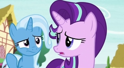 Size: 925x506 | Tagged: safe, screencap, starlight glimmer, trixie, pony, unicorn, g4, to where and back again, confused, female, looking at each other, looking back, mare, ponyville