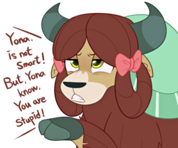Size: 3000x2500 | Tagged: safe, artist:maren, yona, yak, g4, bow, burn, cute, dialogue, female, hair bow, high res, lidded eyes, monkey swings, reaction image, simple background, solo, talking to viewer, truth, white background, yonadorable