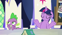 Size: 1920x1080 | Tagged: safe, screencap, spike, twilight sparkle, alicorn, dragon, pony, sparkle's seven, book, eyes closed, female, friendship throne, male, mare, shrug, twilight sparkle (alicorn), winged spike, wings