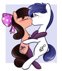 Size: 1242x1424 | Tagged: safe, artist:lilliesinthegarden, oc, oc only, oc:peachypups, oc:protocat, pony, blushing, bow, clothes, duo, hair bow, kissing, love, passepartout, socks