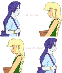 Size: 1984x2352 | Tagged: safe, artist:fantasygerard2000, applejack, rarity, equestria girls, g4, blushing, box, bracelet, braid, clothes, comic, cute, female, handbag, jackabetes, jewelry, lesbian, looking at each other, raribetes, ship:rarijack, shipping, tank top