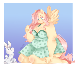 Size: 650x550 | Tagged: safe, artist:bbwqueen364, angel bunny, fluttershy, pegasus, anthro, g4, adorafatty, bbw, breasts, cleavage, clothes, cute, dress, fat, fattershy, female, mare, obese, smiling
