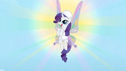 Size: 1600x900 | Tagged: safe, screencap, rarity, pony, g4, sonic rainboom (episode), butterfly wings, day, female, glimmer wings, mare, sky, solo, sun, weather factory uniform