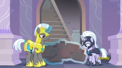 Size: 1920x1080 | Tagged: safe, screencap, silver sable, pony, unicorn, g4, season 9, sparkle's seven, armor, background pony, brick, duo, duo male and female, female, frown, glowing horn, guardsmare, helmet, hoof shoes, horn, levitation, magic, magic aura, male, mare, night guard, royal guard, royal guard armor, saddle, stallion, tack, tail wrap, telekinesis, unicorn royal guard