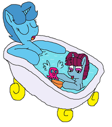 Size: 2308x2600 | Tagged: safe, artist:徐詩珮, spring rain, oc, oc:spring grezt, pony, unicorn, g4, my little pony: the movie, bath, bath toy, duo, duo female, female, filly, high res, magical lesbian spawn, mare, mother and daughter, offspring, parent:spring rain, parent:tempest shadow, parents:springshadow, simple background, sleeping, snoring, toy, white background