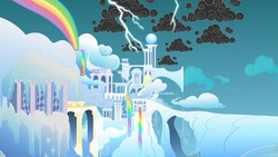 Size: 1600x900 | Tagged: safe, screencap, g4, sonic rainboom (episode), background, bridge, cloud, cloud city, cloudsdale, lightning, no pony, rainbow, rainbow waterfall, scattered thunderstorms, stormcloud, wallpaper, weather factory