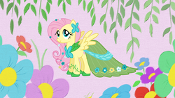 Size: 1600x900 | Tagged: safe, artist:shelltoon, fluttershy, pony, g4, suited for success, clothes, dress, female, gala dress, solo, wallpaper