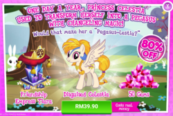 Size: 1032x692 | Tagged: safe, gameloft, idw, angel bunny, golden feather, princess celestia, pegasus, pony, g4, spoiler:comic, spoiler:comic65, advertisement, costs real money, disguise, idw showified, introduction card, sale
