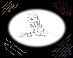 Size: 1280x1024 | Tagged: artist needed, safe, rainbow dash, pegasus, pony, g4, abuse, crying, dashabuse, fillyfooler, folded wings, lineart, sad, sadness, sitting, solo, text, wings