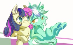 Size: 1315x822 | Tagged: safe, artist:初茗茉上tzxj, bon bon, lyra heartstrings, sweetie drops, earth pony, pony, unicorn, g4, adorabon, colored pupils, cute, female, glasses, lesbian, looking at each other, lyrabetes, mare, missing cutie mark, ship:lyrabon, shipping, simple background, smiling, underhoof, white background