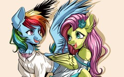 Size: 1000x625 | Tagged: safe, artist:初茗茉上tzxj, fluttershy, rainbow dash, pegasus, pony, the count of monte rainbow, g4, clothes, ear fluff, edmond dantes, female, flower, flower in hair, lesbian, mercedes, open mouth, rainbow dantes, ship:flutterdash, shipping, shycedes, simple background, smiling, spread wings, the count of monte cristo, wings