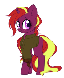 Size: 1780x2156 | Tagged: safe, artist:mint-light, oc, oc only, oc:cherry twister, pony, unicorn, base used, blushing, braid, clothes, eye scar, fatigues, female, jacket, long mane, long tail, scar, simple background, smiling, solo, transparent background