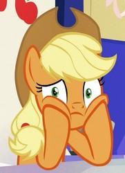 Size: 465x642 | Tagged: safe, edit, edited screencap, screencap, applejack, earth pony, pony, g4, sparkle's seven, cropped, female, friendship throne, hooves on cheeks, solo, squishy cheeks, stare