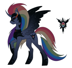 Size: 1920x1799 | Tagged: safe, artist:kxttponies, oc, oc only, alicorn, pony, alicorn oc, curved horn, female, helmet, hoof shoes, horn, magical lesbian spawn, mare, offspring, parent:nightmare moon, parent:rainbow dash, parents:nightmaredash, simple background, solo, starry wings, transparent background