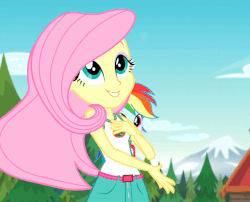 Size: 640x518 | Tagged: safe, screencap, fluttershy, rainbow dash, equestria girls, g4, my little pony equestria girls: legend of everfree, animated, beautiful, camp everfree outfits, clothes, cute, female, gif, shyabetes, sleeveless, solo focus, tank top