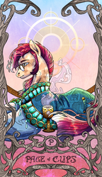 Size: 2088x3619 | Tagged: safe, artist:sourcherry, oc, oc only, crystal pony, pony, crystal pony oc, cup, glasses, high res, not sunburst, robes, solo, steam, tarot, tarot card
