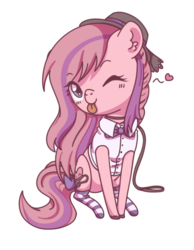 Size: 449x579 | Tagged: safe, artist:wavecipher, oc, oc only, oc:sweet haze, earth pony, pony, :p, chibi, clothes, collar, hat, leash, one eye closed, shirt, silly, socks, tongue out, wink