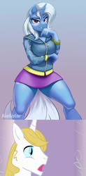 Size: 580x1176 | Tagged: safe, artist:iloota, edit, prince blueblood, trixie, unicorn, anthro, unguligrade anthro, equestria girls, g4, breasts, clothes, cute, equestria girls outfit, female, gradient background, hoodie, male, mare, miniskirt, ship:bluetrix, shipping, shipping domino, skirt, straight, surprised blueblood, thighs