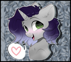 Size: 4100x3600 | Tagged: safe, artist:radioaxi, oc, oc only, oc:moonsonat, pony, unicorn, abstract background, blue mane, blushing, bust, chest fluff, cute, female, green eyes, heart, mare, open mouth, smiling, solo, speech bubble