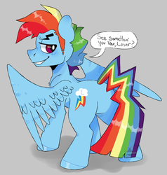 Size: 973x1024 | Tagged: safe, artist:incubugs, artist:mega-bugsly, rainbow dash, pegasus, pony, g4, facing away, gray background, looking over shoulder, male, rainbow blitz, rule 63, simple background, smiling, smirk, solo