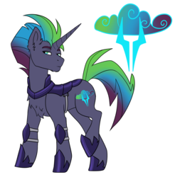 Size: 1920x1948 | Tagged: safe, artist:kxttponies, oc, oc only, pony, unicorn, armor, cutie mark, hoof shoes, magical lesbian spawn, male, offspring, parent:rainbow dash, parent:tempest shadow, parents:tempestdash, solo, stallion