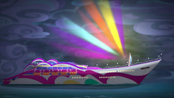 Size: 1920x1080 | Tagged: safe, screencap, rainbow dash, equestria girls, equestria girls specials, g4, my little pony equestria girls: better together, my little pony equestria girls: spring breakdown, aura, cruise ship, female, lights, magic, overcast, rainbow aura, ship, water