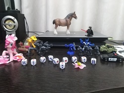 Size: 4032x3016 | Tagged: safe, photographer:horsesplease, applejack, pinkie pie, clydesdale, horse, ork, pony, g4, barricade, cadian shock troops, clash of hasbro's titans, collection, dice, figurine, flower, flower in hair, gaming miniature, hound, imperial guard, kylo ren, lego, miniature, sakura pie, space marine, transformers, ultramarine, warhammer (game), warhammer 40k, why