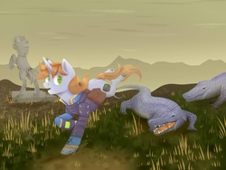 Size: 2560x1920 | Tagged: safe, artist:djkaskan, big macintosh, oc, oc only, oc:littlepip, alligator, pony, unicorn, fallout equestria, g4, clothes, fanfic, fanfic art, female, galloping, grass, hooves, horn, jumpsuit, mare, memorial, open mouth, pipbuck, radigator, saddle bag, solo, vault suit