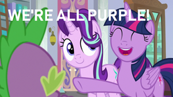 Size: 1280x716 | Tagged: safe, edit, edited screencap, screencap, spike, starlight glimmer, twilight sparkle, alicorn, dragon, pony, g4, sparkle's seven, captain obvious, purple, racial pride, truth, twilight sparkle (alicorn), winged spike, wings