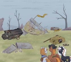 Size: 2469x2160 | Tagged: safe, artist:djkaskan, fluttershy, oc, oc:calamity, oc:littlepip, oc:velvet remedy, pegasus, pony, unicorn, fallout equestria, g4, banner, bone, butt, clothes, cloudsdale, cowboy hat, dashite, dead tree, eyes closed, fanfic, fanfic art, female, grin, hat, high res, hooves, horn, jumpsuit, male, mare, ministry mares, pipbuck, plot, ruins, saddle bag, skeleton, skull, smiling, sparkle cola, stallion, tree, vault suit, wagon, wings