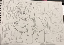 Size: 2048x1468 | Tagged: safe, artist:andypriceart, boulder (g4), maud pie, earth pony, pony, g4, clothes, dress, female, hoof hold, loves me like a rock, mare, paul simon, photo, smiling, song reference, traditional art, when she smiles