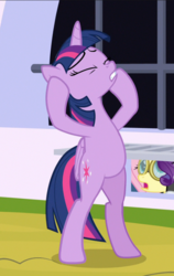 Size: 557x881 | Tagged: safe, screencap, fluttershy, rarity, twilight sparkle, alicorn, pegasus, pony, unicorn, g4, sparkle's seven, belly, bipedal, cropped, eyes closed, female, goggles, mare, offscreen character, solo focus, twilight sparkle (alicorn), worried
