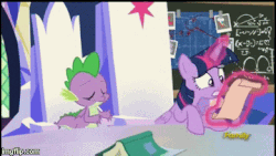 Size: 360x203 | Tagged: safe, screencap, spike, twilight sparkle, alicorn, dragon, pony, g4, sparkle's seven, animated, belly, chalkboard, discovery family logo, friendship throne, frustration, gif, glowing horn, horn, imgflip, magic, oh come on, reading a letter, telekinesis, twilight sparkle (alicorn), winged spike, wings