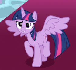 Size: 1000x930 | Tagged: safe, screencap, twilight sparkle, alicorn, pony, g4, sparkle's seven, >:), confident, cropped, evil smile, female, grin, mare, raised hoof, smiling, smirk, solo, spread wings, twilight sparkle (alicorn), wings