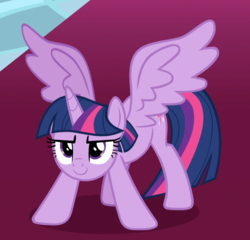 Size: 916x880 | Tagged: safe, screencap, twilight sparkle, alicorn, pony, g4, sparkle's seven, >:), confident, cropped, crouching, evil smile, female, grin, mare, smiling, smirk, solo, spread wings, twilight sparkle (alicorn), wings