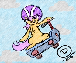 Size: 1215x1000 | Tagged: safe, artist:superdashiebros, scootaloo, pony, g4, 2015, cloud, female, helmet, scooter, solo